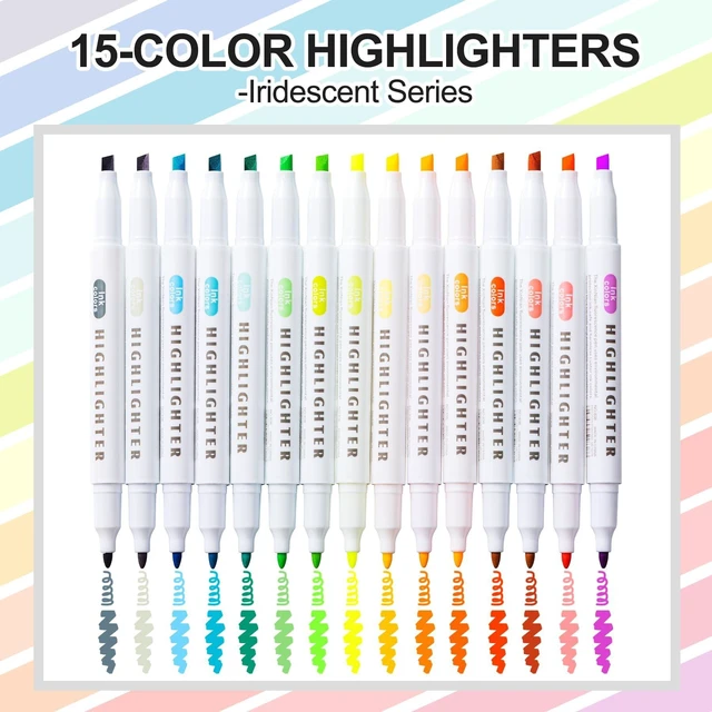Alt view image 3 of 7 - 15 Count Dual-Tip Highlighters, Pastel Colors Fine & Bold Tip, Quick-Dry Non-Bleeding Highlighter Markers for Bible Journaling,School,Office,Notes (15 colors highlighters - Iridescent Color)