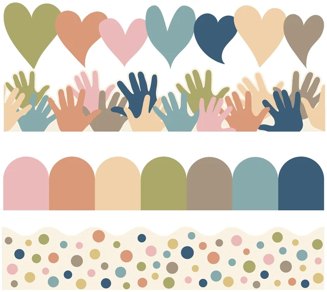 Main image of Boho Bulletin Board Borders Classroom Colorful Border Stickers Boho Die-Cut Border Trims Bulletin Board Scalloped Borders Self-Adhesive for School Blackboard Chalkboard Desk, 91.8 Ft