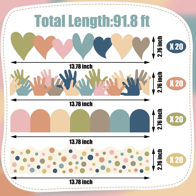 Alt view image 2 of 7 - Boho Bulletin Board Borders Classroom Colorful Border Stickers Boho Die-Cut Border Trims Bulletin Board Scalloped Borders Self-Adhesive for School Blackboard Chalkboard Desk, 91.8 Ft