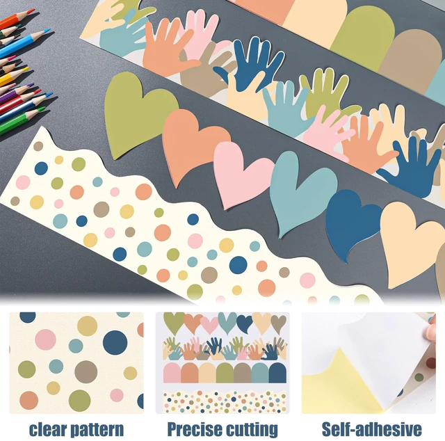 Alt view image 3 of 7 - Boho Bulletin Board Borders Classroom Colorful Border Stickers Boho Die-Cut Border Trims Bulletin Board Scalloped Borders Self-Adhesive for School Blackboard Chalkboard Desk, 91.8 Ft