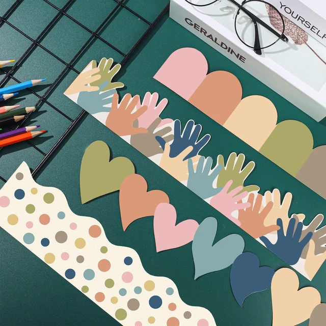 Alt view image 4 of 7 - Boho Bulletin Board Borders Classroom Colorful Border Stickers Boho Die-Cut Border Trims Bulletin Board Scalloped Borders Self-Adhesive for School Blackboard Chalkboard Desk, 91.8 Ft
