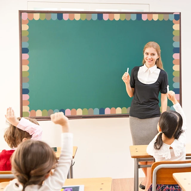 Alt view image 5 of 7 - Boho Bulletin Board Borders Classroom Colorful Border Stickers Boho Die-Cut Border Trims Bulletin Board Scalloped Borders Self-Adhesive for School Blackboard Chalkboard Desk, 91.8 Ft
