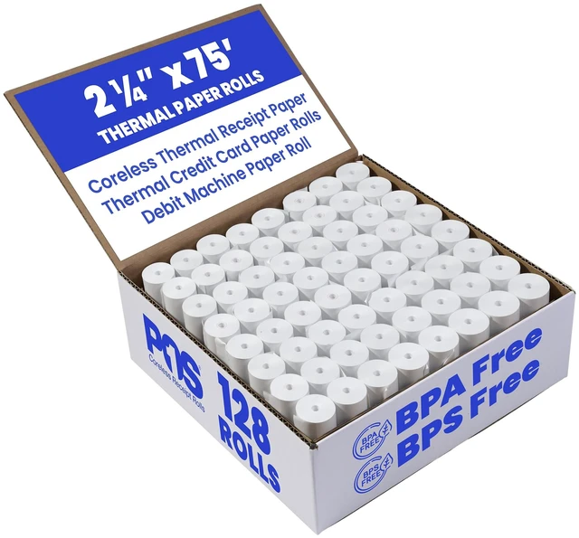 Main image of 2 1/4 x 75 ft 128 Rolls CORELESS BPA Free BPS Free Thermal Paper Rolls debit & credit