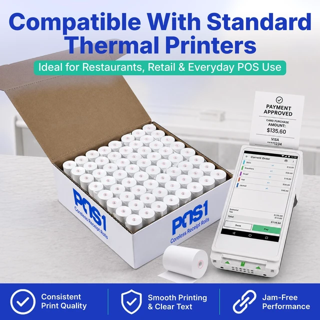 Alt view image 2 of 7 - 2 1/4 x 75 ft 128 Rolls CORELESS BPA Free BPS Free Thermal Paper Rolls debit & credit