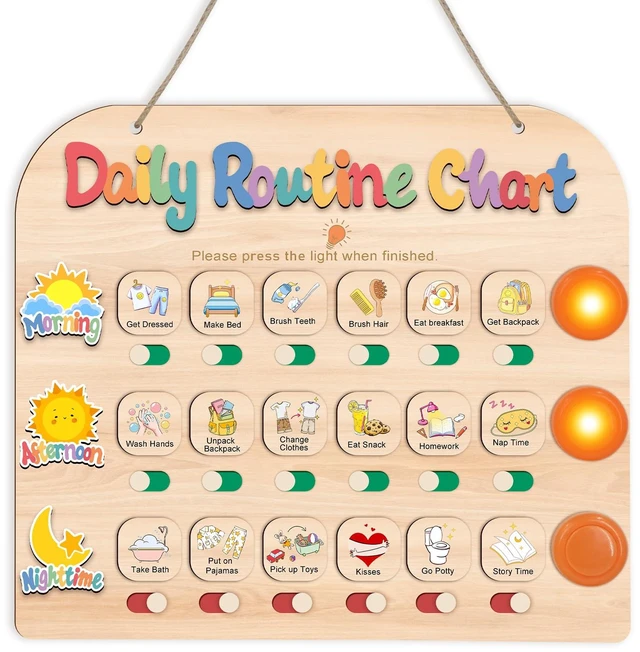 Main image of Daily Routine Chart for Toddlers, 3 in 1 Morning Bedtime Routine Checklist Chart to Do List w/ Tap Lights & 18 Task Cards, Sliding Wooden Visual Schedule Board for Kids, Autism, ADHD Planner