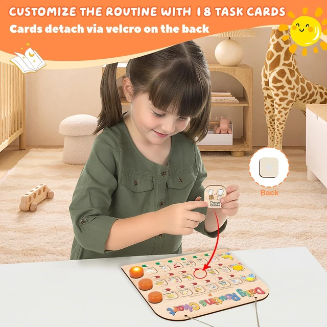 Alt view image 2 of 7 - Daily Routine Chart for Toddlers, 3 in 1 Morning Bedtime Routine Checklist Chart to Do List w/ Tap Lights & 18 Task Cards, Sliding Wooden Visual Schedule Board for Kids, Autism, ADHD Planner