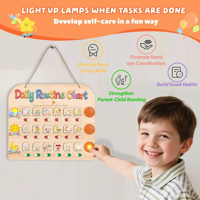 Alt view image 3 of 7 - Daily Routine Chart for Toddlers, 3 in 1 Morning Bedtime Routine Checklist Chart to Do List w/ Tap Lights & 18 Task Cards, Sliding Wooden Visual Schedule Board for Kids, Autism, ADHD Planner