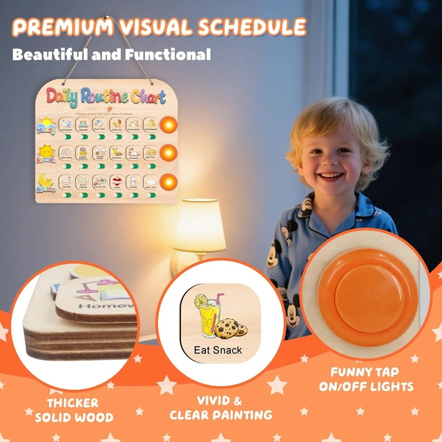 Alt view image 4 of 7 - Daily Routine Chart for Toddlers, 3 in 1 Morning Bedtime Routine Checklist Chart to Do List w/ Tap Lights & 18 Task Cards, Sliding Wooden Visual Schedule Board for Kids, Autism, ADHD Planner