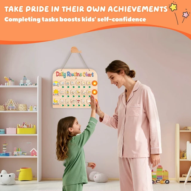 Alt view image 5 of 7 - Daily Routine Chart for Toddlers, 3 in 1 Morning Bedtime Routine Checklist Chart to Do List w/ Tap Lights & 18 Task Cards, Sliding Wooden Visual Schedule Board for Kids, Autism, ADHD Planner