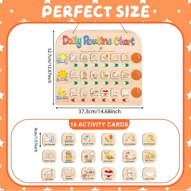 Alt view image 7 of 7 - Daily Routine Chart for Toddlers, 3 in 1 Morning Bedtime Routine Checklist Chart to Do List w/ Tap Lights & 18 Task Cards, Sliding Wooden Visual Schedule Board for Kids, Autism, ADHD Planner
