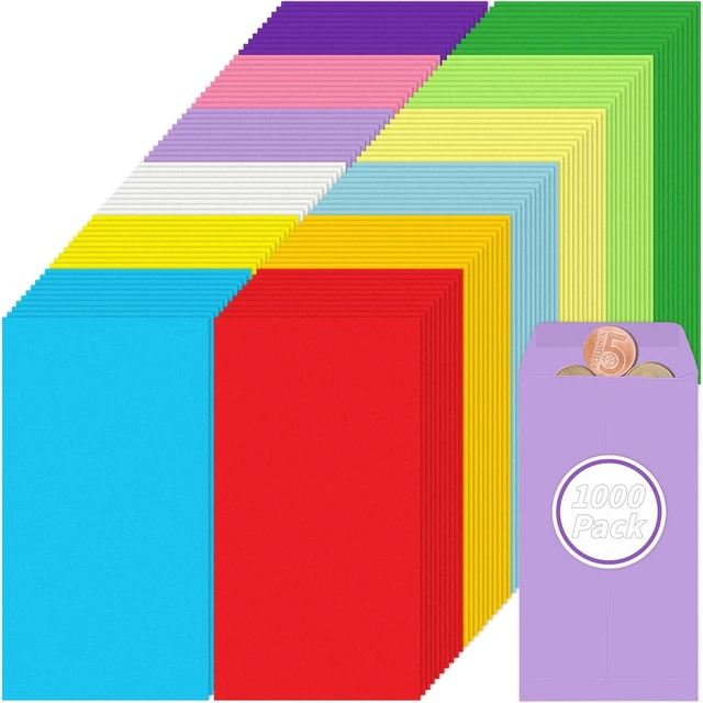Main image of 1000 Pcs Money Envelopes for Cash 3.5x6.5in 12 Color Colored Coin Envelopes Small Cash Envelopes with Gummed Flaps for Money Saving Challenge Small Item Organizer Coins Tickets Tips Parts Seed Storage