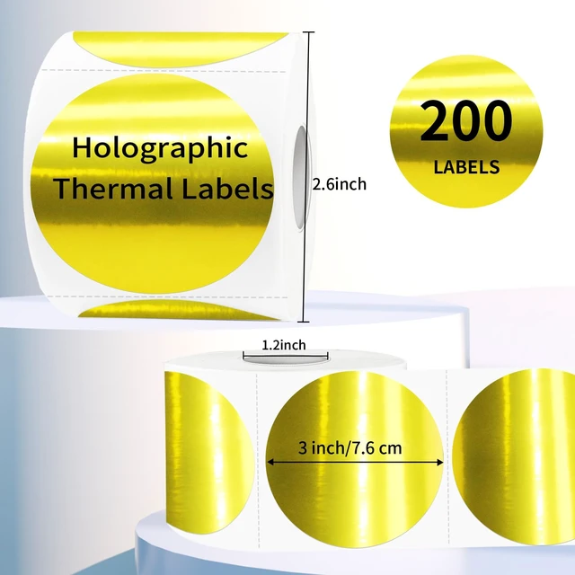 Alt view image 2 of 6 - 3" Gold Thermal Label Stickers, Round Glitter Direct Thermal Printer Sticker Labels for Gift Wrapping, Self-Adhesive DIY Custom Logo Design- Holographic Gold