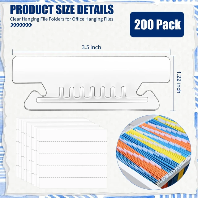 Alt view image 2 of 7 - 200 Pcs 3 1/2 Inch Hanging File Folder Tabs - Plastic, Clear, Insertable for Office, School