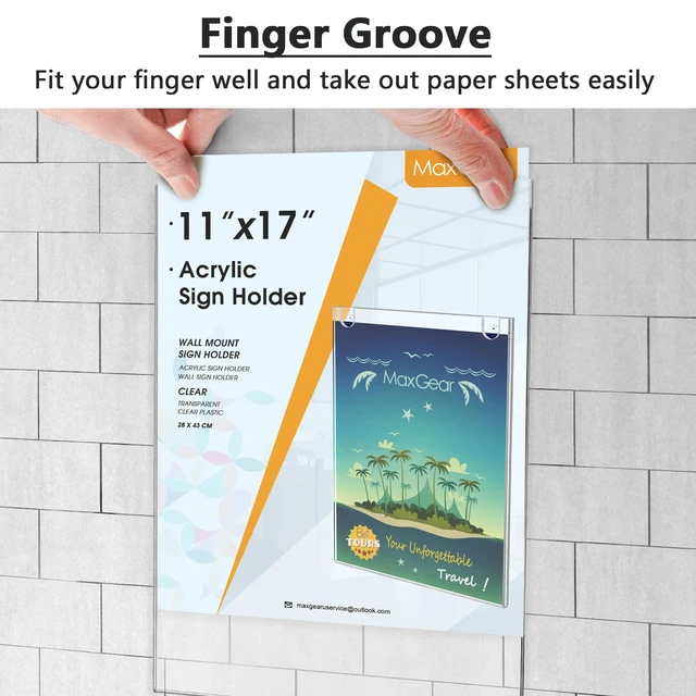 Alt view image 4 of 7 - Acrylic Wall Mount Sign Holder, 11 x 17 Vertical, 6 Pack Includes Adhesive Tapes and Screws, Clear Acrylic Display for Signs, Posters and Documents, Ideal for Office, Home, Store