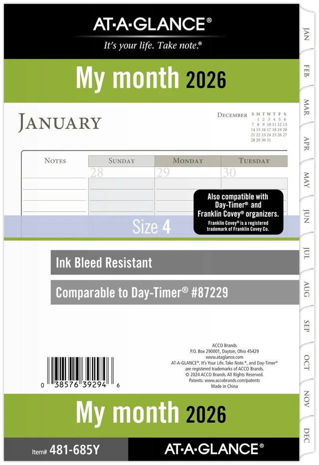 Main image of 2026 Planner Refill, Monthly, 5-1/2" x 8-1/2", Desk Size 4, Loose-Leaf, Ruled Blocks (481-685Y-26)