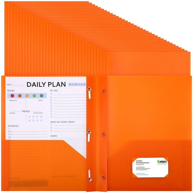 Main image of 36 Pcs Plastic Folders with Pockets and Prongs,Orange 2 Heavy Duty with 3 Metal Prongs, Clear Front Pocket, Card Slot, Letter Size, Bulk Supplies, Back to School, Office Workers