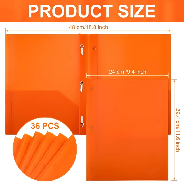 Alt view image 2 of 7 - 36 Pcs Plastic Folders with Pockets and Prongs,Orange 2 Heavy Duty with 3 Metal Prongs, Clear Front Pocket, Card Slot, Letter Size, Bulk Supplies, Back to School, Office Workers
