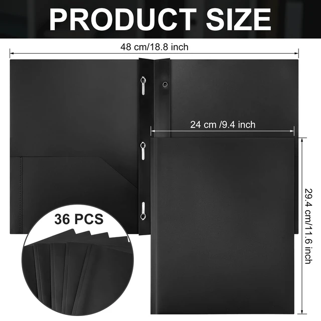 Alt view image 2 of 7 - 36 Pcs Plastic Folders with Pockets and Prongs,Black 2 Heavy Duty with 3 Metal Prongs, Clear Front Pocket, Card Slot, Letter Size, Bulk Supplies, Back to School, Office Workers