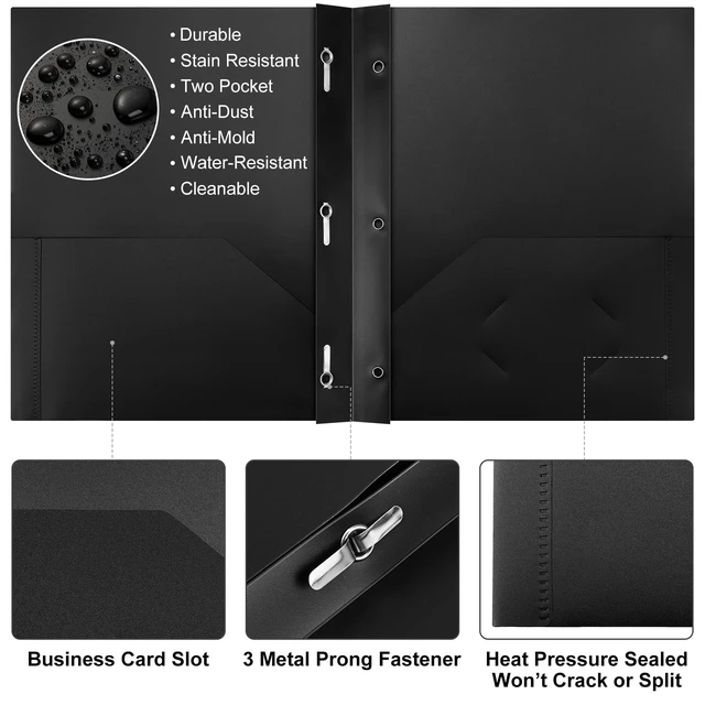 Alt view image 3 of 7 - 36 Pcs Plastic Folders with Pockets and Prongs,Black 2 Heavy Duty with 3 Metal Prongs, Clear Front Pocket, Card Slot, Letter Size, Bulk Supplies, Back to School, Office Workers