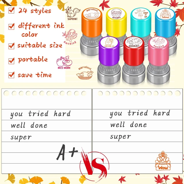 Alt view image 3 of 6 - 24 Pcs Teacher Stamps for Classroom Self Inking Stamps Gift,Fall Back to School, Positive Stamps for Teachers, Colorful, Motivational, Multi Style, Encouraging School Students Supplies