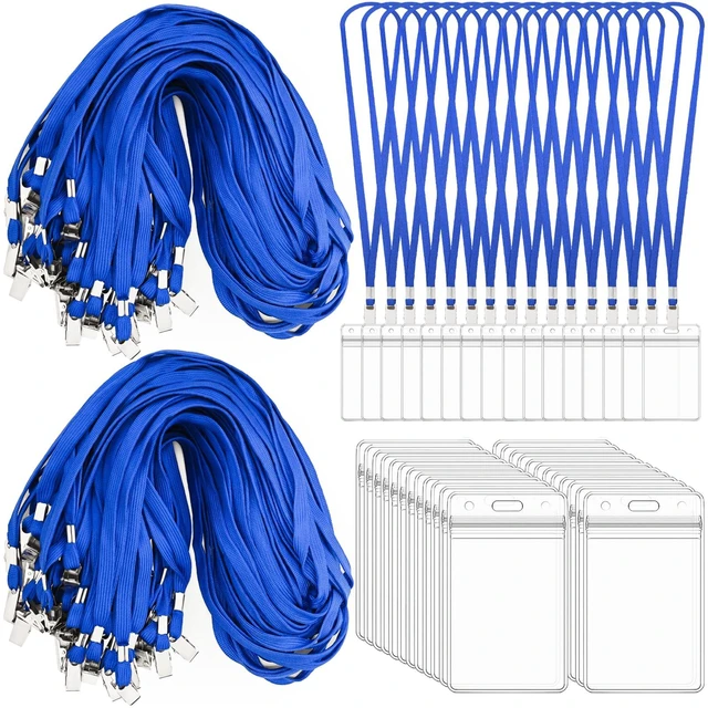 Main image of 400 Pack Neck Lanyard Bulk with ID Card Holder Lanyards for ID Badges Vertical Name Badge ID Card Holders Flat Neck Lanyards with Clip for Nurses Teacher Students, Blue