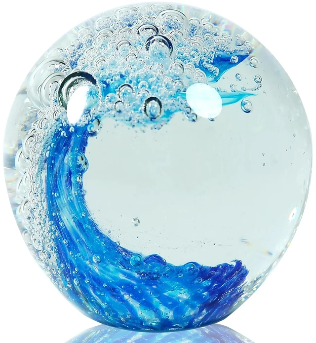 Main image of Hand Blown Glass Ocean Wave Paperweight - 2.36" Beach Decor Ball for Home Office Desk, Nautical Bathroom Decoration & Gift for Ocean Lovers
