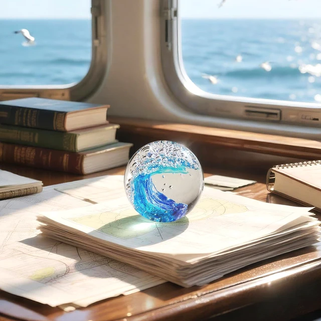 Alt view image 2 of 6 - Hand Blown Glass Ocean Wave Paperweight - 2.36" Beach Decor Ball for Home Office Desk, Nautical Bathroom Decoration & Gift for Ocean Lovers