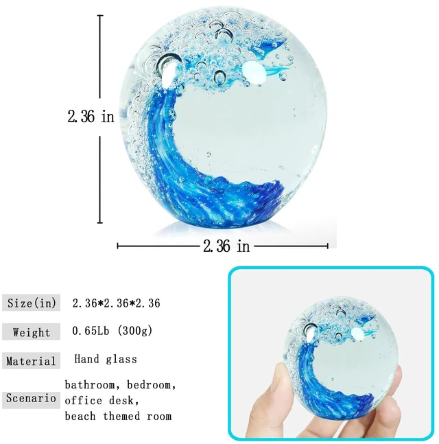 Alt view image 3 of 6 - Hand Blown Glass Ocean Wave Paperweight - 2.36" Beach Decor Ball for Home Office Desk, Nautical Bathroom Decoration & Gift for Ocean Lovers