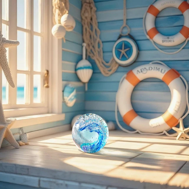 Alt view image 4 of 6 - Hand Blown Glass Ocean Wave Paperweight - 2.36" Beach Decor Ball for Home Office Desk, Nautical Bathroom Decoration & Gift for Ocean Lovers
