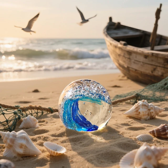 Alt view image 5 of 6 - Hand Blown Glass Ocean Wave Paperweight - 2.36" Beach Decor Ball for Home Office Desk, Nautical Bathroom Decoration & Gift for Ocean Lovers