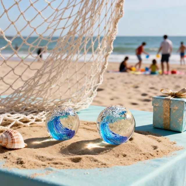 Alt view image 6 of 6 - Hand Blown Glass Ocean Wave Paperweight - 2.36" Beach Decor Ball for Home Office Desk, Nautical Bathroom Decoration & Gift for Ocean Lovers