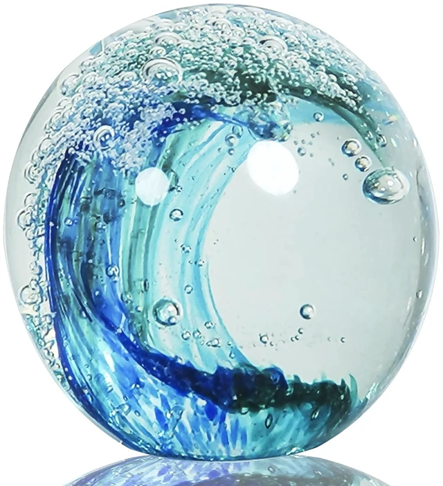 Main image of Hand Blown Ocean Wave Glass Ball Unique Gift for Beach LoversBeach Decorations for Home, Sea Glass Paperweight for Coastal Room Decor, Aquarium & Ocean Themed Decorations