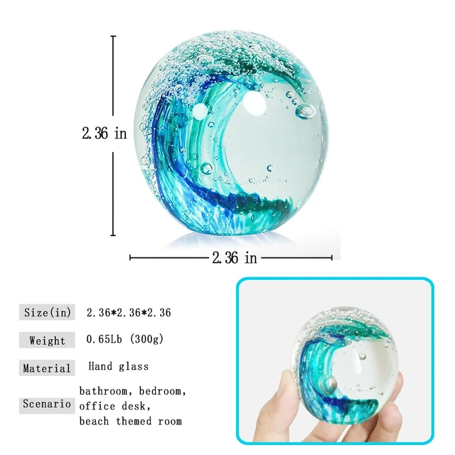 Alt view image 2 of 6 - Hand Blown Ocean Wave Glass Ball Unique Gift for Beach LoversBeach Decorations for Home, Sea Glass Paperweight for Coastal Room Decor, Aquarium & Ocean Themed Decorations