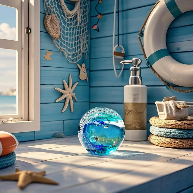 Alt view image 3 of 6 - Hand Blown Ocean Wave Glass Ball Unique Gift for Beach LoversBeach Decorations for Home, Sea Glass Paperweight for Coastal Room Decor, Aquarium & Ocean Themed Decorations