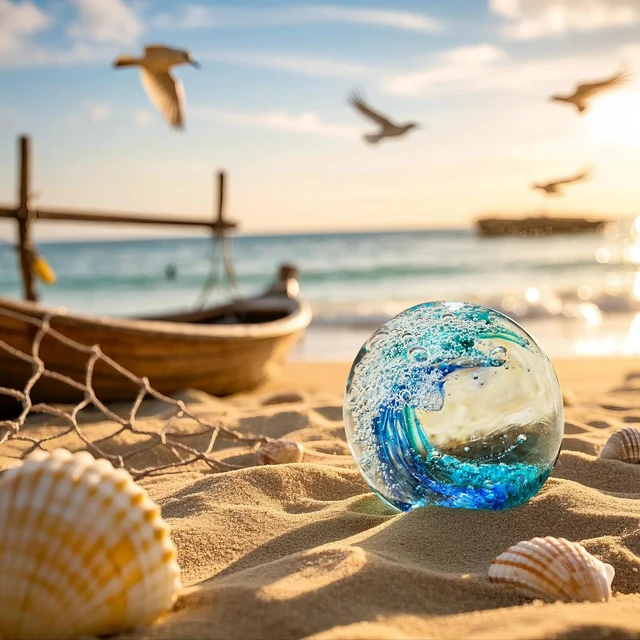 Alt view image 4 of 6 - Hand Blown Ocean Wave Glass Ball Unique Gift for Beach LoversBeach Decorations for Home, Sea Glass Paperweight for Coastal Room Decor, Aquarium & Ocean Themed Decorations