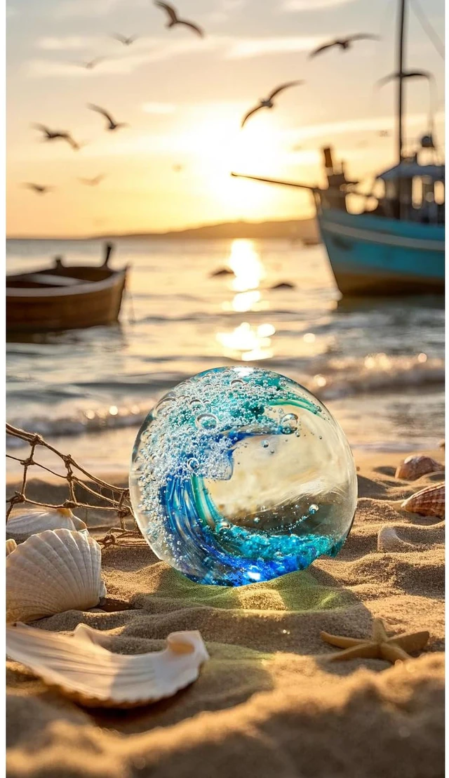 Alt view image 6 of 6 - Hand Blown Ocean Wave Glass Ball Unique Gift for Beach LoversBeach Decorations for Home, Sea Glass Paperweight for Coastal Room Decor, Aquarium & Ocean Themed Decorations