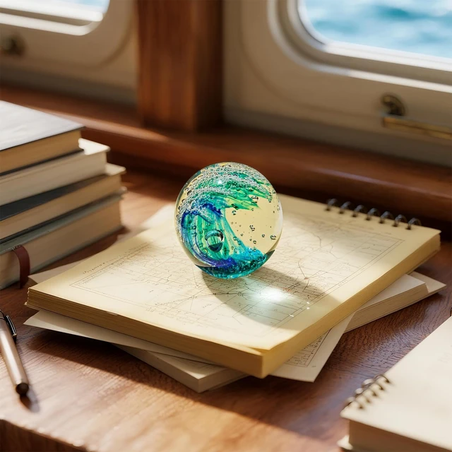 Alt view image 5 of 6 - Hand Blown Ocean Wave Glass Ball Unique Gift for Beach LoversBeach Decorations for Home, Sea Glass Paperweight for Coastal Room Decor, Aquarium & Ocean Themed Decorations