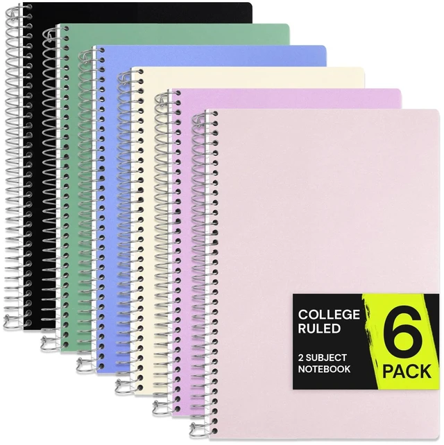 Main image of 2 Subject Spiral Notebook College Ruled 6 Pack, 200 Pages, Assorted 100 ct, 6 x 9.5 in, Poly Cover, 2 Dividers, Double-Sided Pockets, Notebook for School, Study