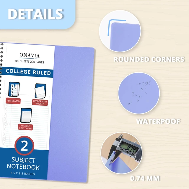 Alt view image 3 of 7 - 2 Subject Spiral Notebook College Ruled 6 Pack, 200 Pages, Assorted 100 ct, 6 x 9.5 in, Poly Cover, 2 Dividers, Double-Sided Pockets, Notebook for School, Study