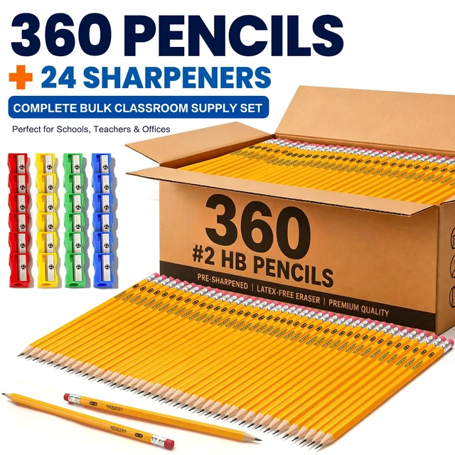 Alt view image 5 of 7 - 360 Pack #2 HB Pre-Sharpened Wood-Cased Graphite Pencils Bulk Pack with 24 Pencil Sharpeners and Top Erasers, for Writing, Drawing and Sketching, School, Classroom, Office & Standardized Testing (360)