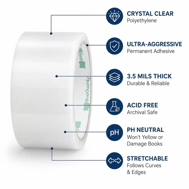 Alt view image 4 of 5 - Clear Book Repair Tape, 2 Inch x 15 Yards Stretchable Polyethylene Book Binding Tape Spines, Covers, Hinges, and Edges. Made in USA