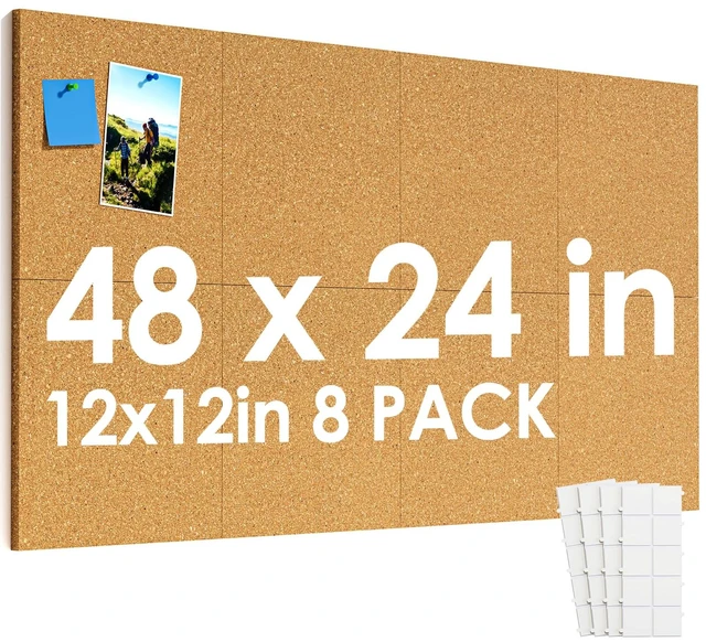 Main image of 48" x 24" Large Cork Board for Wall, 8 Pack 12" x 12" Tiles Self-Healing Natural Cork; Includes 20 Pushpins & Removable Adhesive Tabs; Flexible Board for Office, School & Home