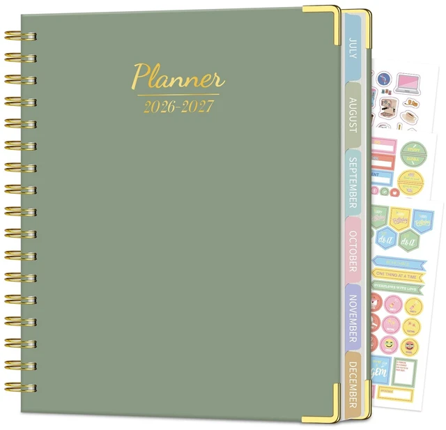 Main image of Planner 2026-2027, 8.1" x 9.2" Spiral Weekly Monthly Book Jul 2026-Jun 2027, Gold Corners, Hardcover, No-Bleed Paper, Inner Pocket, Quotes, for School & Business, Green