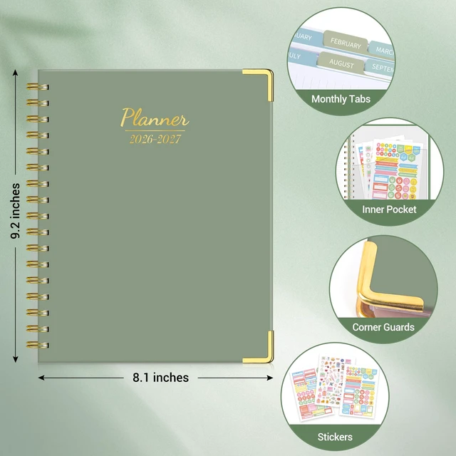 Alt view image 2 of 7 - Planner 2026-2027, 8.1" x 9.2" Spiral Weekly Monthly Book Jul 2026-Jun 2027, Gold Corners, Hardcover, No-Bleed Paper, Inner Pocket, Quotes, for School & Business, Green