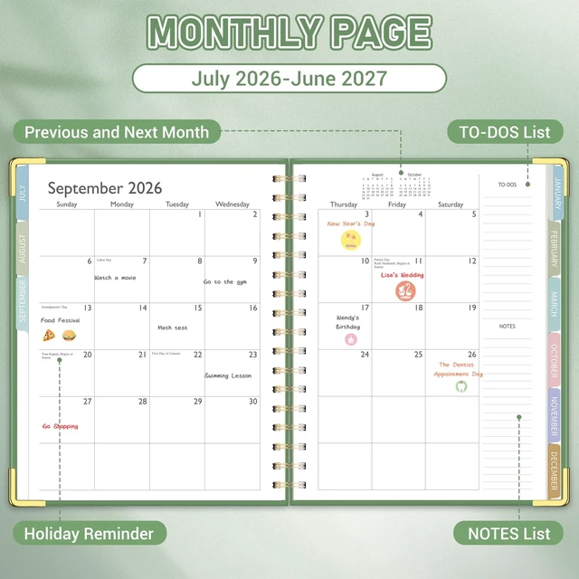 Alt view image 3 of 7 - Planner 2026-2027, 8.1" x 9.2" Spiral Weekly Monthly Book Jul 2026-Jun 2027, Gold Corners, Hardcover, No-Bleed Paper, Inner Pocket, Quotes, for School & Business, Green