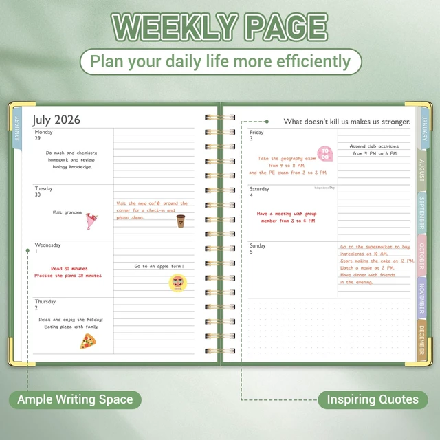 Alt view image 4 of 7 - Planner 2026-2027, 8.1" x 9.2" Spiral Weekly Monthly Book Jul 2026-Jun 2027, Gold Corners, Hardcover, No-Bleed Paper, Inner Pocket, Quotes, for School & Business, Green