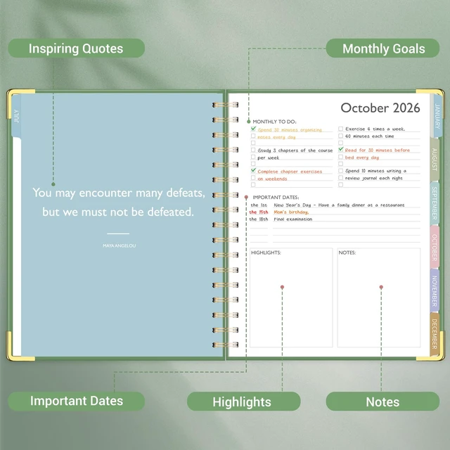 Alt view image 5 of 7 - Planner 2026-2027, 8.1" x 9.2" Spiral Weekly Monthly Book Jul 2026-Jun 2027, Gold Corners, Hardcover, No-Bleed Paper, Inner Pocket, Quotes, for School & Business, Green
