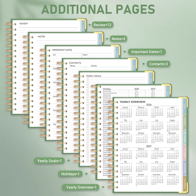 Alt view image 6 of 7 - Planner 2026-2027, 8.1" x 9.2" Spiral Weekly Monthly Book Jul 2026-Jun 2027, Gold Corners, Hardcover, No-Bleed Paper, Inner Pocket, Quotes, for School & Business, Green
