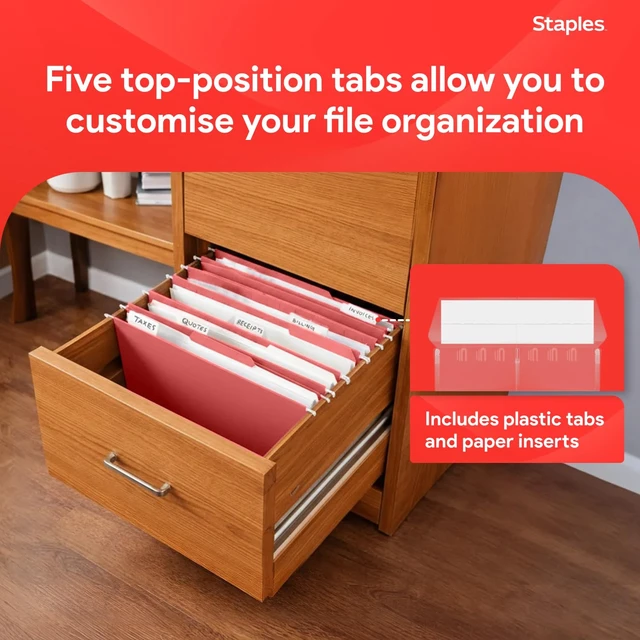 Alt view image 4 of 7 - Hanging File Folders, Letter Size, Red, 1/5-Cut Tabs, 25/Pk Tear-resistant construction for durable everyday document storage and filing