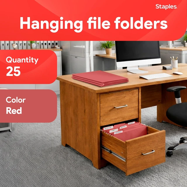 Alt view image 2 of 7 - Hanging File Folders, Letter Size, Red, 1/5-Cut Tabs, 25/Pk Tear-resistant construction for durable everyday document storage and filing